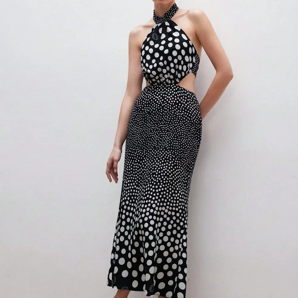 Multicolor French Romantic Women's Polka Dot Halter Asymmetrical Long Dress - Picture 6 of 6